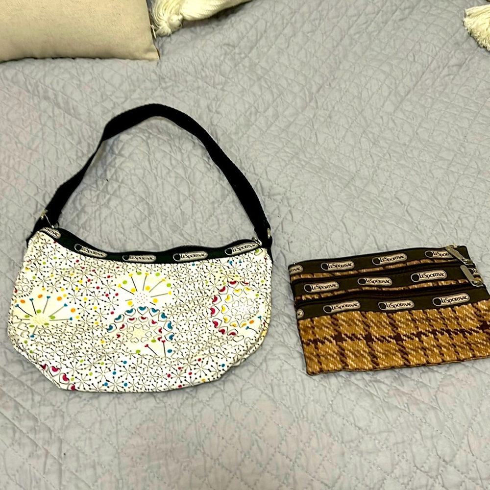 Le Sport Sac hearts purse, brown houndstooth zip up clutch